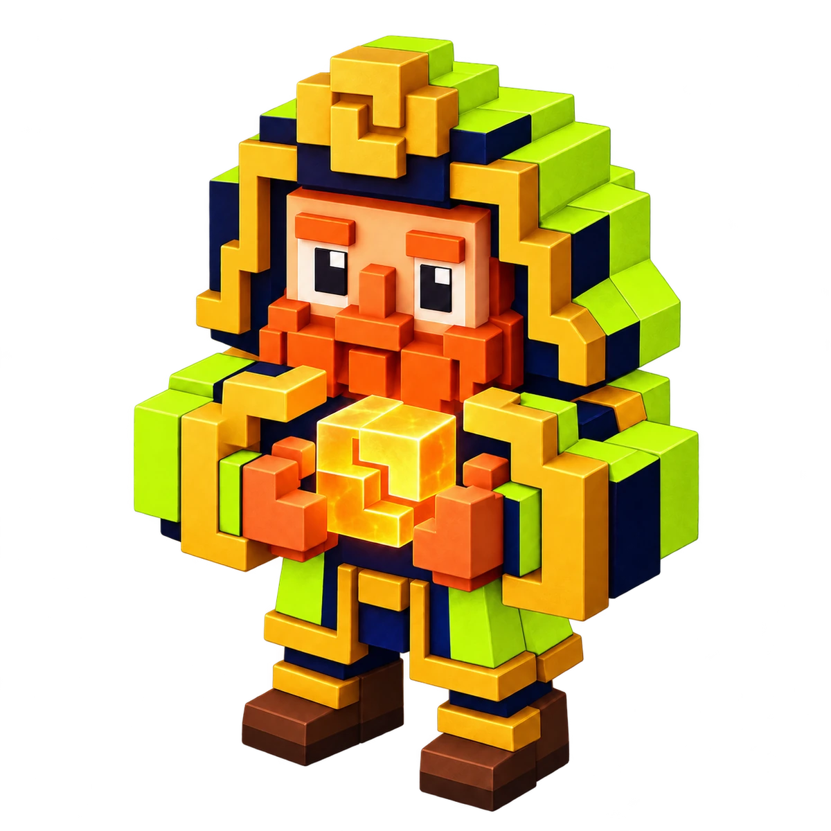 Setrune Rune Keeper: a lime and copper voxel custodian holding a golden settlement rune